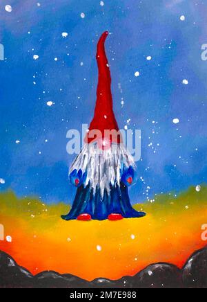 Kunstzeichnung eines süßen Zwerges auf einer Wiese mit rotem Hut und langem Bart. Abbildung: Acryl. Stockfoto