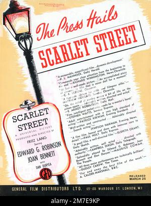 British Trade Ad für EDWARD G. ROBINSON JOAN BENNETT und DAN DURYEA in SCARLET STREET 1945 Regisseur FRITZ LANG Drehbuch Dudley Nichols Musik Hans J. Salter Fritz lang Productions / Diana Production Company / Universal Pictures Stockfoto