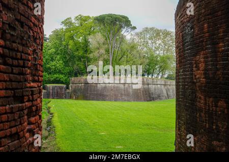 Blick über die Grünflächen, durch die dicke Renaissance-Mauer, in Richtung eines anderen Abschnitts der historischen Stadtmauer von Lucca, der Toskana, Italien. Stockfoto