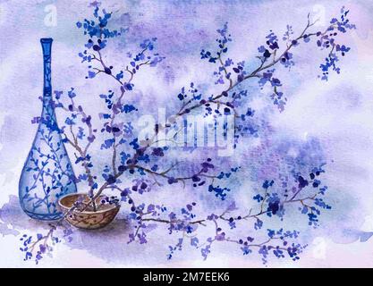 Stille Leben mit Porzellanvasen und Schüssel mit Blumen. Aquarellfarben in Blau und Lila. Stockfoto