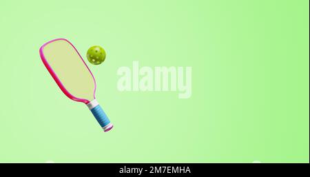 Pickleball Schläger paddeln und Ball auf grünem Hintergrund. 3D-Rendering des Kopierplatzes Stockfoto
