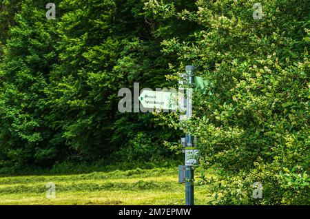 Wegweiser am Waldrand auf einem Wanderweg in der Schwäbischen Alb zwischen Seeburg und Muensingen, Baden-Württemberg, Deutschland. Stockfoto