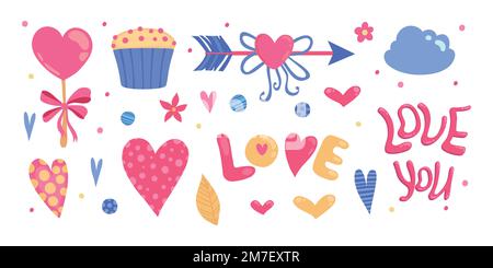 Elemente zum Valentinstag. Geschenk, Herz, Ballon, Kuss, Schlüssel, Rose, Süßigkeiten und andere als Dekoration. Cartoon-Style mit Aufklebern. Vektordarstellung Stock Vektor