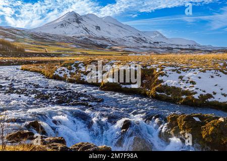 Typische Herbstlandschaft mit dem ersten Schnee im Jonasarlundur Park im Norden Islands Stockfoto