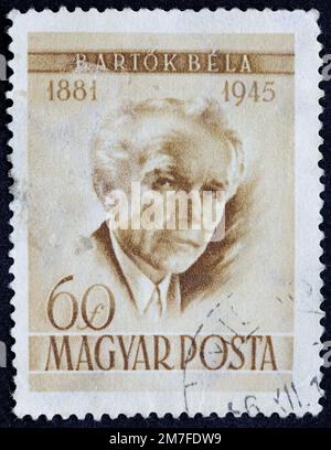 UNGARN - CA. 1966: Poststempel 60 Forint gedruckt in Ungarn zeigt Porträt der Ethnomusikologin Bela Bartok 1881-1945. Poststempelserien-Entw Stockfoto