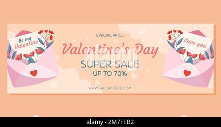 Horizontales Bannerdesign für den Valentinstag-Sonderverkauf. Rosafarbener offener Umschlag, Worte Love You rote Blumen grüne Blätter beigefarbener Hintergrund. Sonderpreiskonzept Online-Shopping dekorative Wolken Herzen Stock Vektor