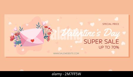 St. Horizontales Bannerdesign für den Valentinstag-Sonderverkauf. Rosafarbener geschlossener Umschlag, rote und pinkfarbene Blumen, grüne Blätter auf beigefarbenem Hintergrund. Online-Shopping zum Sonderpreis Stock Vektor