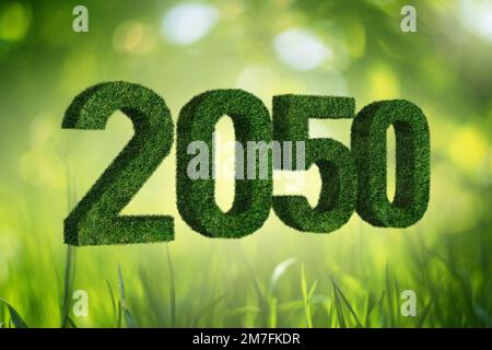 Zahlen 2050 aus Gras. Ein Symbol für nachhaltige Entwicklung und den vollständigen Übergang zu erneuerbaren Energien bis zum Jahr 2050. Stockfoto