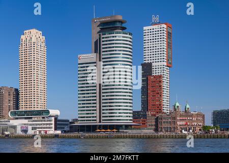 Holland, Rotterdam, der Nieuwe Maas River mit den folgenden Gebäuden von links nach rechts, der New Orleans Tower, das World Port Centre, der Montevideo Tower und das Hotel New York, das sich im restaurierten ehemaligen Hauptquartier der Holland-America-Linie befindet. Stockfoto