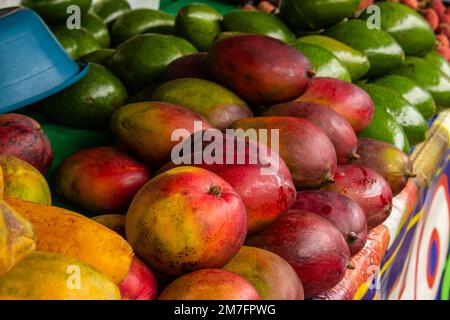 Goiania, Goiás, Brasilien – 08. Januar 2023: Einige Früchte, arrangiert, zum Verkauf an einem Messestand ausgestellt. Stockfoto