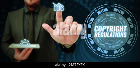 Textzeichen mit Copyright-Bestimmungen. Unternehmensüberblick über die Urheber Stockfoto