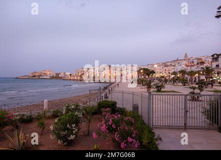 Vieste, Foggia, Italien 29. Juni 2021 Blick über die historische Altstadt auf der blauen Stunde in Vieste, Gargano, Apulien, Italien Stockfoto