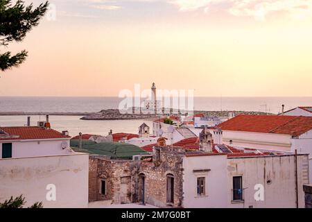 Blick über die Altstadt von Vieste zur Insel Santa Eufemia mit aktivem Leuchtturm bei Sonnenaufgang in Vieste, Gargano, Apulien, Italien Stockfoto