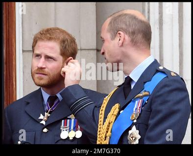 Bild ©lizenziert für Parsons Media. 09/01/2023. London, Vereinigtes Königreich. Prinz William und Prinz Harry. Bild ©lizenziert für Parsons Media. 10/07/2018. London, Vereinigtes Königreich. 100. Jahre Royal Air Force. HM, die Königin mit Prinz William, Herzogin von Cambridge und Prinz Harry und Herzogin von Sussex auf dem Balkon des Buckingham Palace, um 100 Jahre RAF-Bild von Andrew Parsons/Parsons Media zu markieren Stockfoto