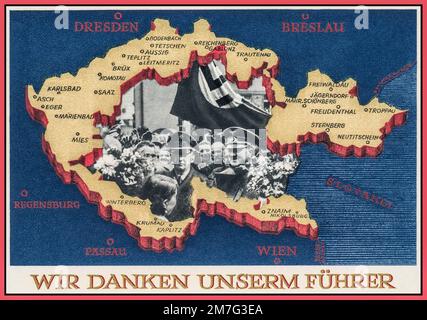 Intage Nazi ANSCHLUSS Propaganda Poster Card 'WIR danken unserm führer' Propagandaillustration für die Annexion Österreichs an Großdeutschland Anschluss, deutsch: 'Union', politische union Österreichs mit Deutschland, erreicht durch Annexion von Adolf Hitler im Jahre 1938 Stockfoto