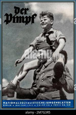 NAZI-JUGENDPROPAGANDA 1943-der Pimpf. WW2 Nationale sozialistische Jungenblätter Mai-Juni-1943 Rekrutierungs-Propaganda-Magazin Cover der Pimpf war das Nazi-Magazin für Jungen, insbesondere diejenigen im Deutschen Jungvolk, mit Abenteuer und Propaganda Nazi-Deutschland Stockfoto