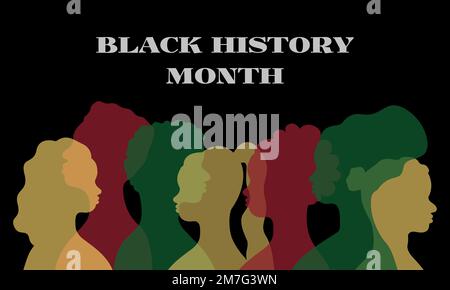 Schwarzer Geschichtsmonat. Die Feierlichkeiten im Februar. Banner für den Freiheitsmonat. Silhouetten afroamerikanischer Personen im Profil. Afrikanische Männer und Frauen. 19. Juni, ho Stock Vektor
