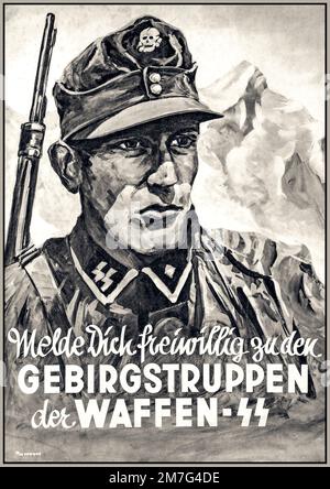 WAFFEN SS Nazi-Rekrutierungsposter für Bergtruppen der Waffen SS WW2 GEBIRGSTRUPPEN der WAFFEN SS Stockfoto