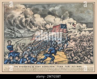 AMERIKANISCHE BÜRGERKRIEGSLITHOGRAPHIE "The Storming of Fort Donelson, Tennessee. Februar. 15. 1862." Handfarbige Lithographie von Currier and Ives, New York, 1862. Stockfoto