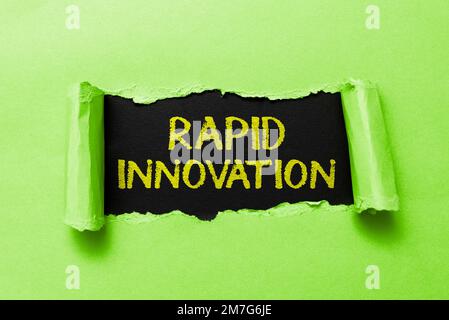 Textunterschrift für schnelle Innovationen. Geschäftsidee, die charakteristisch für eine Website ist, die Suchmaschinenalgorithmen verwendet Stockfoto