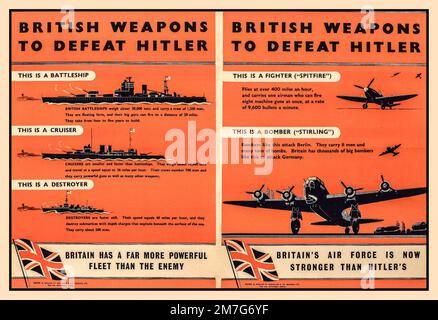 WW2 britische Propaganda Air & Sea war Power Poster „Britische Waffen gegen Hitler“ Eine stärkere Air Force, Eine mächtigere Flotte als der Feind. 1940er. Weltkrieg, Royal Navy und Royal Airforce. Die Verteidigungs- und Angriffsmöglichkeiten Großbritanniens. Stockfoto