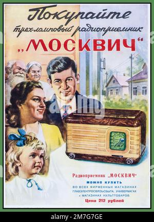 Post WW2 1940er-1950er UdSSR RADIO Posterwerbung für Sowjetrussisch UdSSR Radio „Moskvich“ von Einem Lavrov Künstler kaufen Stockfoto