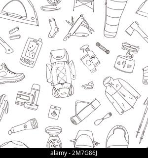 Nahtloser Vektormusterhintergrund für Objekte oder Ausrüstung zum Wandern, Trekking oder Camping im Stil einer LinienIkone. Stock Vektor