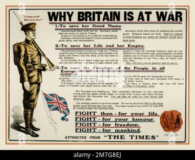 WW1 Rekrutierungs-Propaganda-Poster mit einem Soldaten mit Gewehr und Bajonett „Why Britain is at war“ Rekrutierungsposter 1916. Weltkrieg 1 Stockfoto