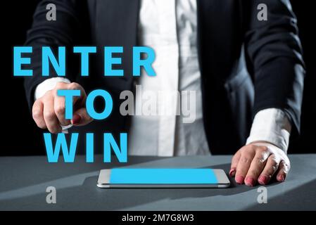 Textüberschrift mit „Enter to Win“. Geschäftskonzept, bei dem etwas Wert gegen Preis oder Gewinnchancen ausgetauscht wird Stockfoto