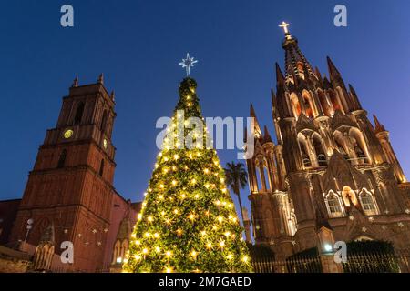 Der Weihnachtsbaum der hell beleuchteten Stadt neben der berühmten Kirche Parroquia de San Miguel Arcangel, rechts, und die Kirche San Rafael feiert die Feiertage im zentralen historischen Viertel, 4. Januar 2023 in San Miguel de Allende, GTO, Mexiko. Stockfoto