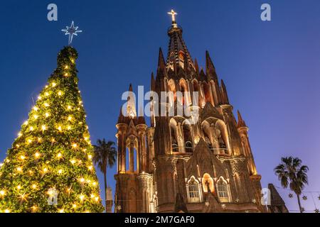 Der hell beleuchtete Weihnachtsbaum der Stadt neben der berühmten Kirche Parroquia de San Miguel Arcangel, die die Feiertage im zentralen historischen Viertel feiert, am 4. Januar 2023 in San Miguel de Allende, GTO, Mexiko. Stockfoto
