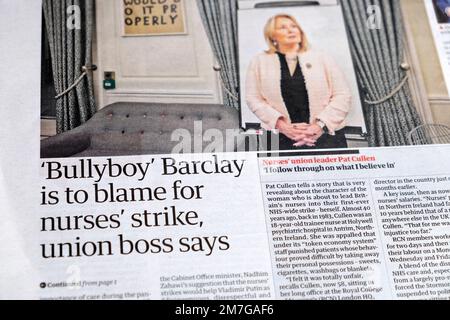 "Bullyboy' Barclay ist schuld an Schwesternstreik - Gewerkschaftsboss Guardian Schlagzeile Titelseite NHS Krankenschwester Streik 9. Dezember 2022 Großbritannien Stockfoto