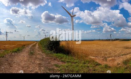 Eine Farm mit Windturbinen, die sauberen, erneuerbaren Strom auf landwirtschaftlichen Feldern in East Yorkshire, Vereinigtes Königreich, erzeugen Stockfoto