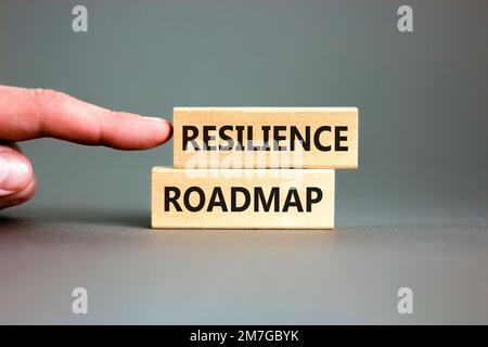 Roadmap-Symbol für Resilienz. Konzeptbegriff „Resilience“-Roadmap auf Holzblöcken getippt. Wunderschöner grauer Tischhintergrund. Geschäftsmannshand. Geschäft an Stockfoto