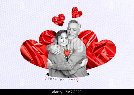 Collage 3D Bild eines Pinup Pop Retro-Skizzen eines traumhaften, bezaubernden älteren Paares, das am 14. februar einen isolierten Malhintergrund genießt Stockfoto