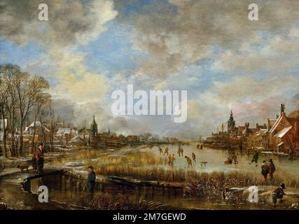 Zwei Städte am Frozen River mit Golfspielern und Eislaufern. Von Aert van der Neer 1603/4-1677 Niederländisch Niederlande Stockfoto