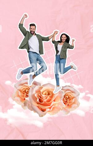 Collagenfoto von zwei jungen Menschen, die zusammen zehn Jahre lang Händchen halten große beige Rosen Geschenk für Jubiläum isoliert auf pinkfarbenem Hintergrund Stockfoto