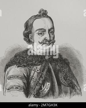 Imre Thököly (1657-1705). Ungarischer Adliger, der für kurze Zeit das Fürstentum Oberungarn gründete (1682-1685). 1690 wurde er Prinz von Siebenbürgen. Porträt. Gravur. „Los Heroes y las Grandezas de la Tierra“ (die Helden und die Grandeurs der Erde). Volumen VI. 1856. Stockfoto