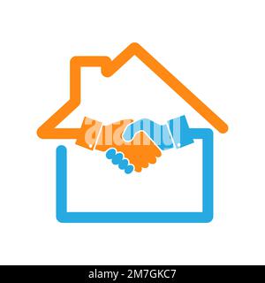Der Umriss des Hauses mit dem Symbol für den Handschlag, isoliert auf weißem Hintergrund. Vektordarstellung. Das Konzept eines erfolgreichen Verkaufs oder Kaufs von Real Stock Vektor