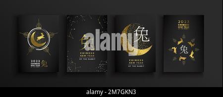 Chinesisches Neujahr des Hasen 2023 luxuriöse schwarze Grußkarte für traditionelle asiatische Feiertage. Moderne Mondastrologie Elegantes Design mit Gol Stock Vektor
