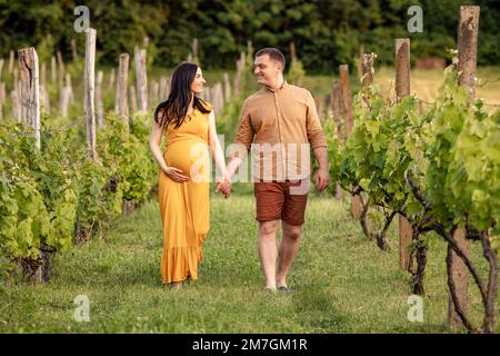 Ein Paar, das Händchen hält und durch den Weinberg geht. Ein Paar genießt einen Weinberg. Stockfoto