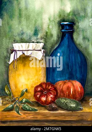Aquarelle Stillleben. Keramikbecher, blaue Glasflasche und Herbstgemüse. Stockfoto