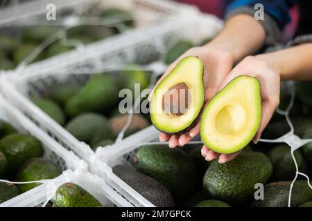 Hälften reifer Avocado in den Händen einer ruit-Sortierarbeiterin Stockfoto