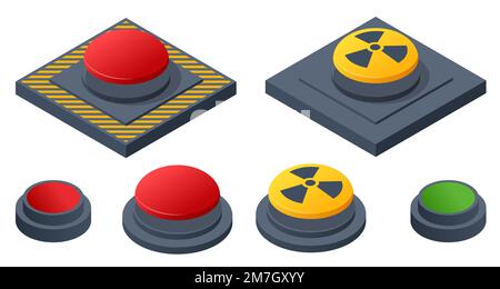 Isometrische rote, gelbe und grüne Tasten. Strahlungssymbol. Stock Vektor