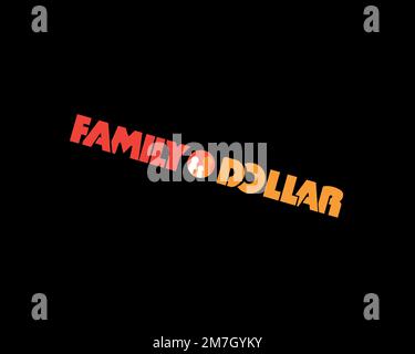 Family Dollar, gedrehtes Logo, schwarzer Hintergrund B Stockfoto