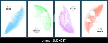 Plakate mit abstrakten Aquarellen, die Blumen zeichnen. Handgezeichnete Plakate mit Blumenkunst. Botanical Aquarelle Pinsel Cover Kollektion. Banner mit Sommerblumen. Set im Postkartendesign mit Pflanzen Stock Vektor