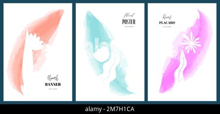 Plakate mit abstrakten Aquarellen, die Blumen zeichnen. Handgezeichnete Plakate mit Blumenkunst. Botanical Aquarelle Pinsel Cover Kollektion. Banner mit bunten Sommerblumen. Pflanzliche Pflanzen, Postkartenset Stock Vektor