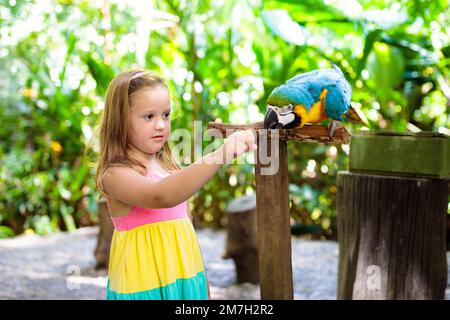 Kind füttert Ara Papagei im tropischen Zoo. Kind spielt mit dem großen Regenwaldvögel. Kinder und Haustiere. Kinder spielen und füttern Wildtiere im Safaripark Stockfoto