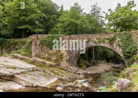 Steinbrücke über den Fluss Argoza in B rcena Mayor, Kantabrien, Spanien. Stockfoto