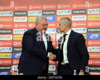 Tirana, Albanien. 09. Januar 2023, Tirana - Albanien. Vorstellung des neuen Managers der albanischen Fußballnationalmannschaft, Sylvinho, und seiner Mitarbeiter Kredit: Nderim Kaceli/Alamy Live News Stockfoto